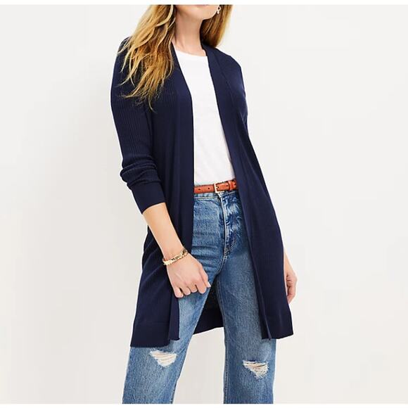 LOFT Outlet Ribbed Open Cardigan Sweater Classic Fit Navy Blue Sz Medium Petite - Picture 1 of 8